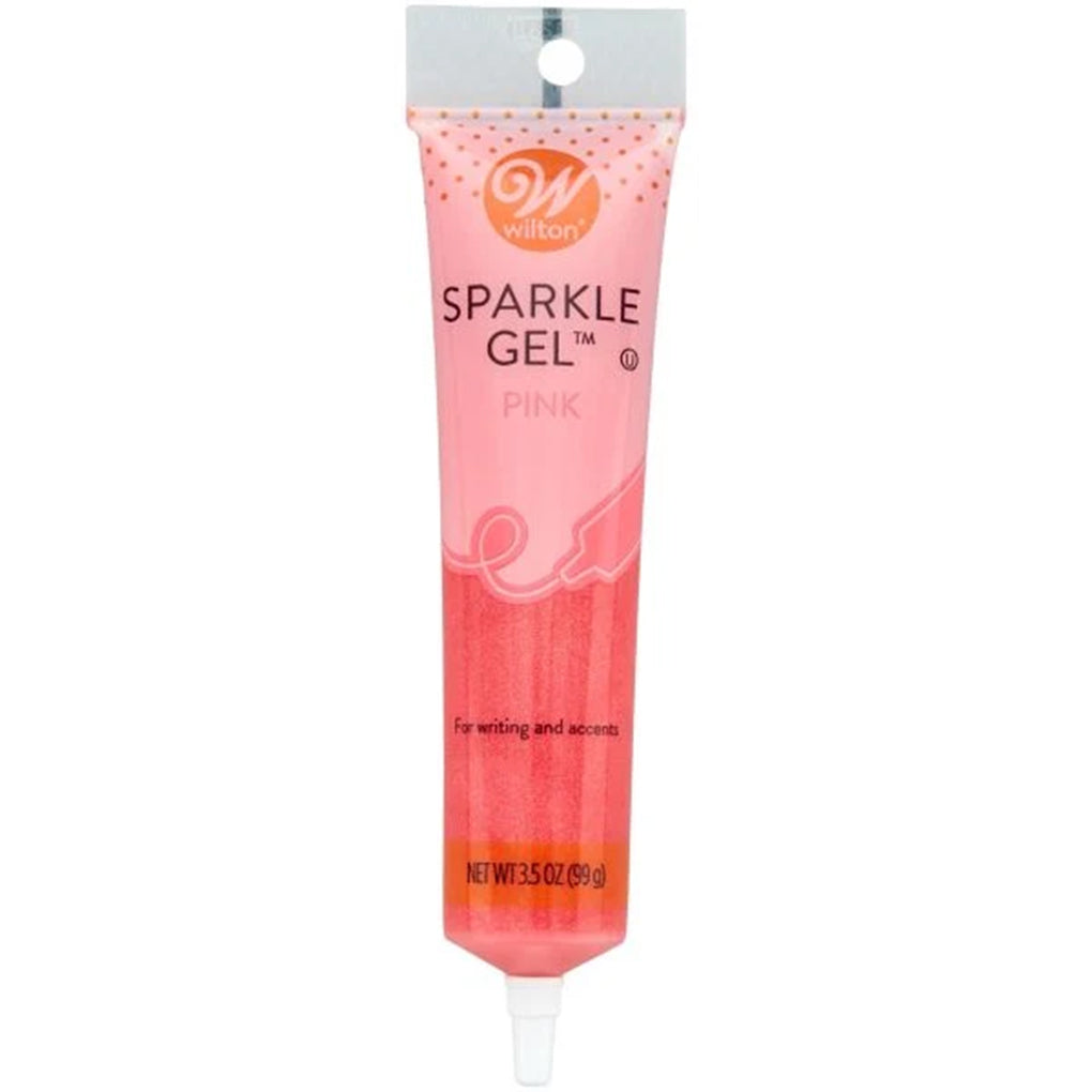 Wilton Pink Sparkle Gel in a 3.5-ounce squeeze tube filled with bright pink shimmering decorating gel and a narrow piping tip.