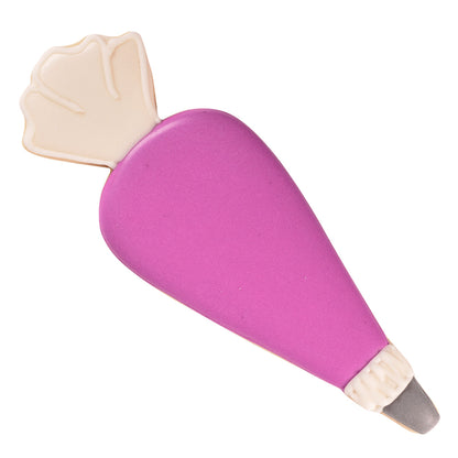 Decorated cookie shaped like a piping bag with pink icing and a white tip.