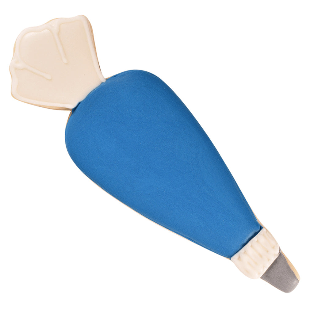 Decorated cookie shaped like a piping bag with blue icing and a white tip.