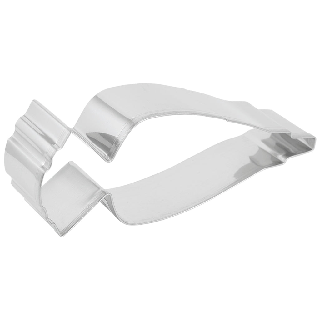 Angled side view of the piping bag cookie cutter, showcasing its depth and smooth edges.