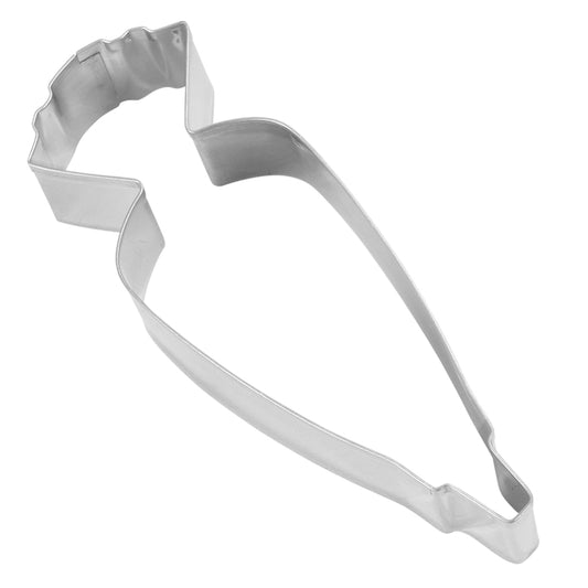 Top-down view of a piping bag-shaped cookie cutter with a tapered design and a ridged tip.