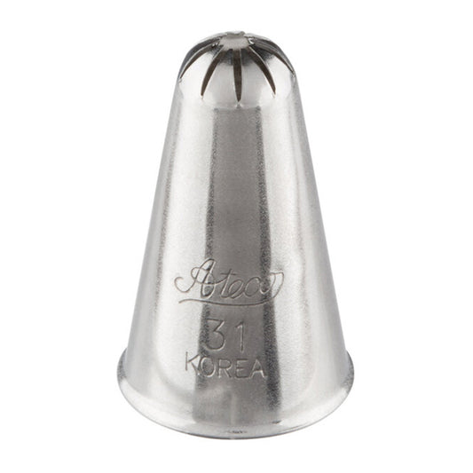 Ateco 31 closed star piping tip made of stainless steel with a conical shape and seven gently curved, closely spaced teeth forming a rounded star-shaped opening; ideal for piping deeply ridged stars, shells, and fleur-de-lis. Marked with “Ateco 31 Korea” on the side.
