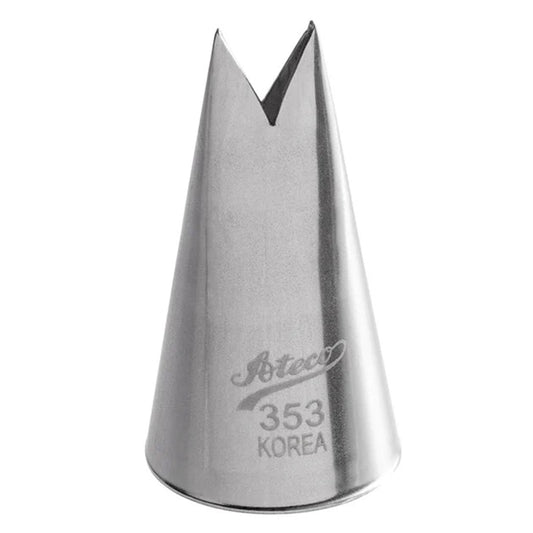 Stainless steel 353 leaf piping tip with V-shaped opening, designed for realistic leaf and border piping.