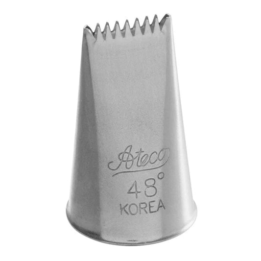 Ateco 48° basketweave piping tip with serrated edges on both sides, shown upright with engraved Ateco logo and size markings.