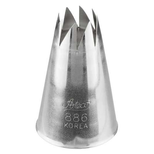 Ateco 886 swirl top piping tip with slanted star-shaped opening, metal cone nozzle designed for piping rosettes, drop flowers, and spiral swirls.