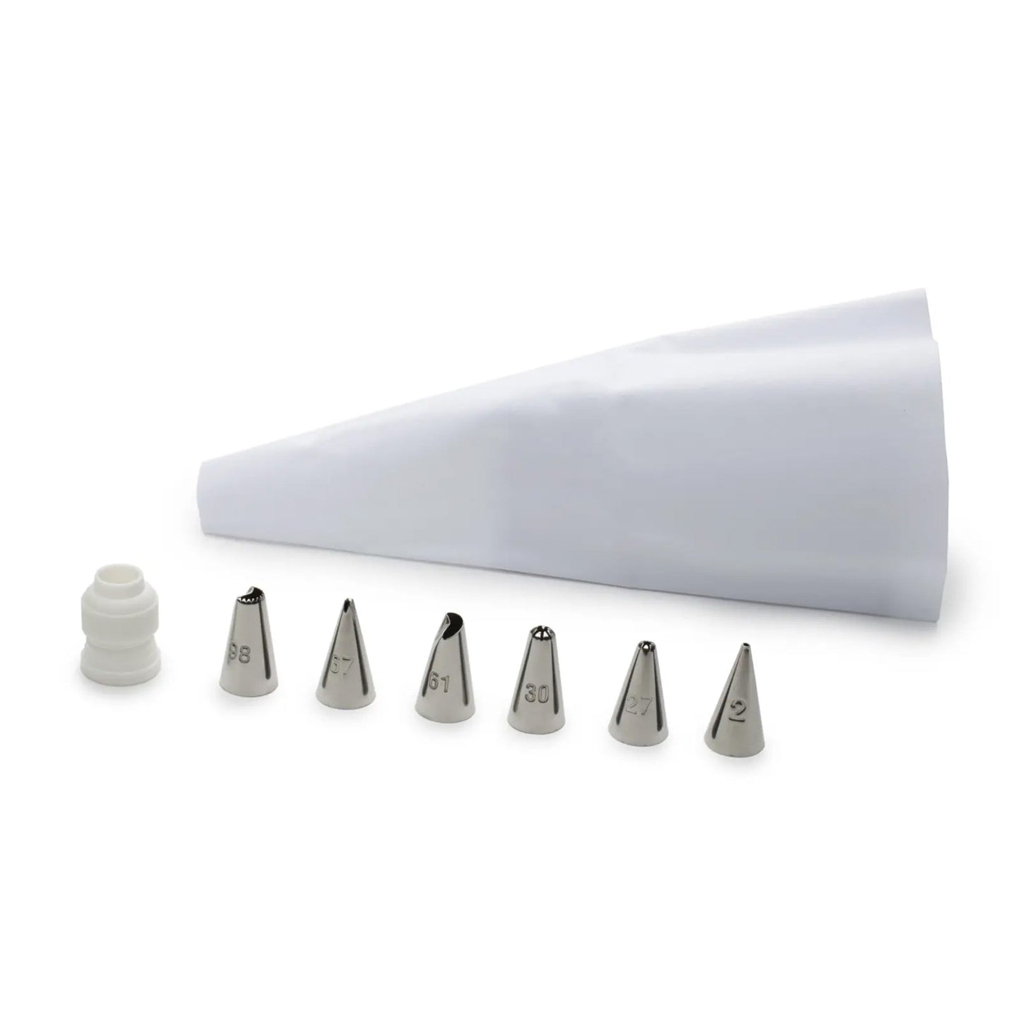 White reusable piping bag with six stainless steel icing tips labeled 98, 67, 61, 30, 27, and 2, a plastic coupler, all arranged on a white background
