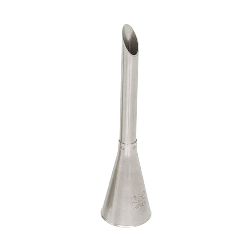 Metal 230 Small Bismark piping tip with a long narrow tube and angled opening, designed for filling pastries like eclairs and bismarcks

