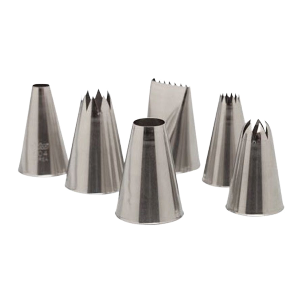 Assorted set of six stainless steel piping tips including round, star, and closed star shapes arranged on a white background.