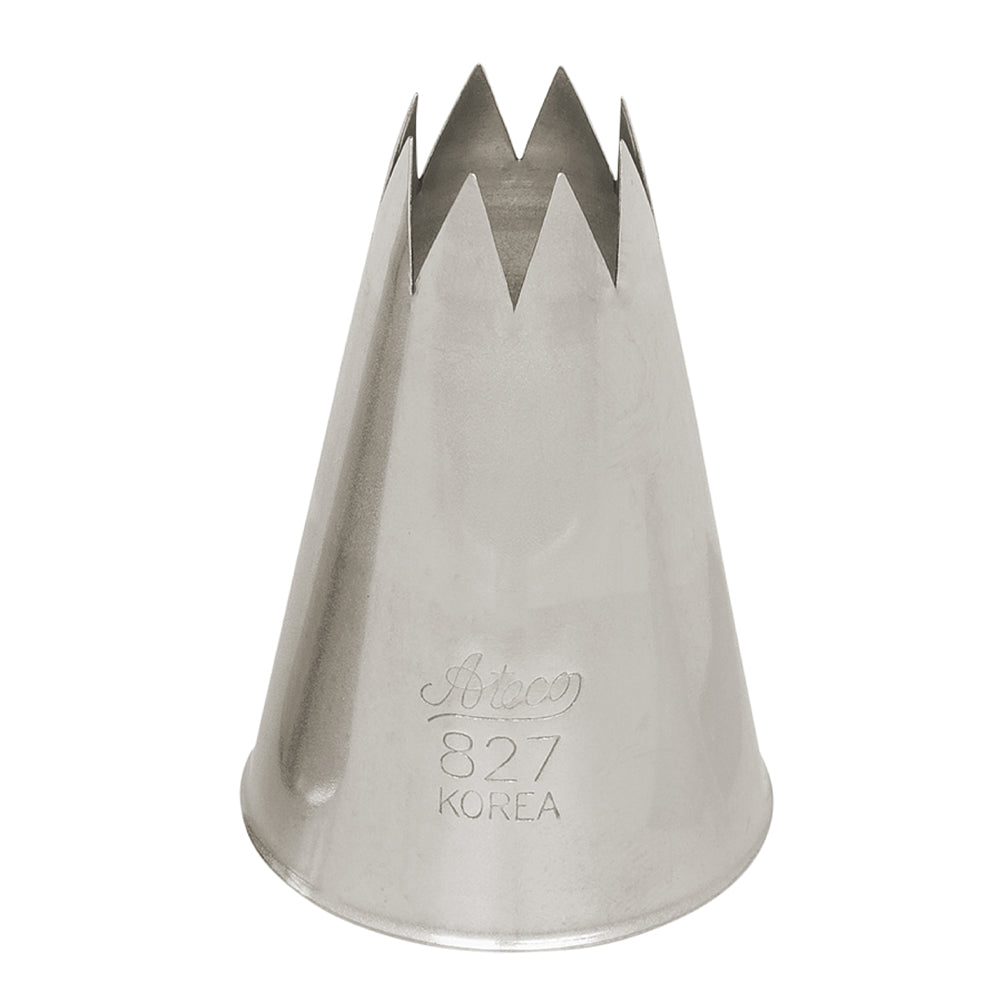 Ateco Piping Tip #827, an open star tip with a 0.66-inch wide opening, perfect for creating soft, voluminous swirls and rosettes on cakes and cupcakes.