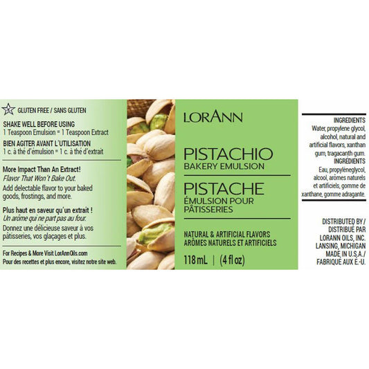 LorAnn Pistachio Bakery Emulsion label featuring pistachios, 4 fl oz, gluten-free with natural and artificial flavors.