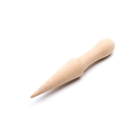 Natural beechwood pizzelle cone roller with a pointed cone and rounded handle