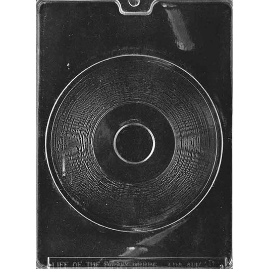 Clear Plain Record Chocolate Mold photographed against a black background with one large round record cavity featuring concentric grooves and a plain center.