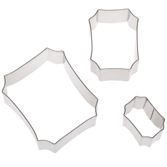 Set of three stainless steel plaque-shaped cookie cutters in different sizes, displayed on a white background.