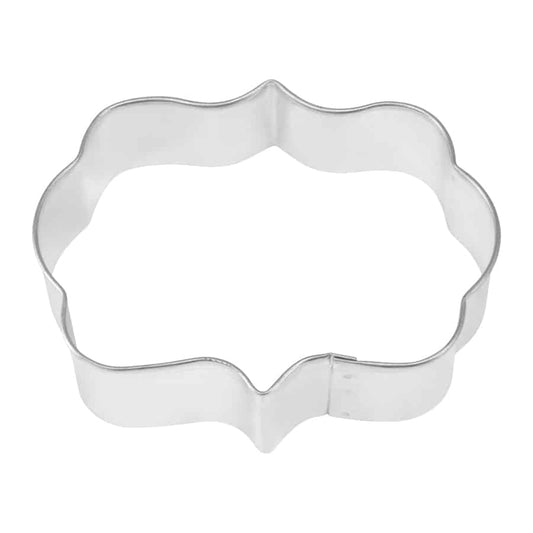 Metal plaque cookie cutter with a decorative, curved-edge shape, front view.