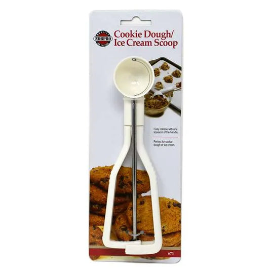 Packaging of Norpro Cookie Dough/Ice Cream Scoop with images of baked cookies and cookie dough balls on a tray.