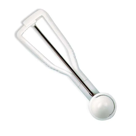 White plastic cookie dough scoop with white plastic handles.