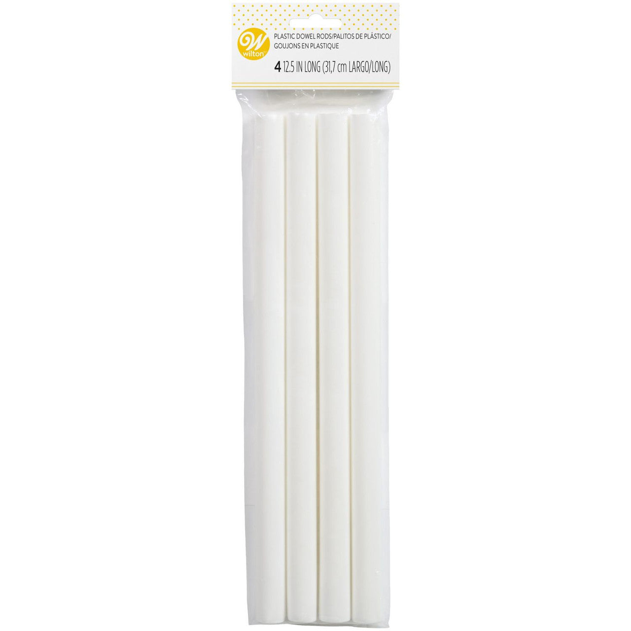 Pack of four Wilton plastic dowel rods, 12.5 inches long, in clear packaging with labeled header.