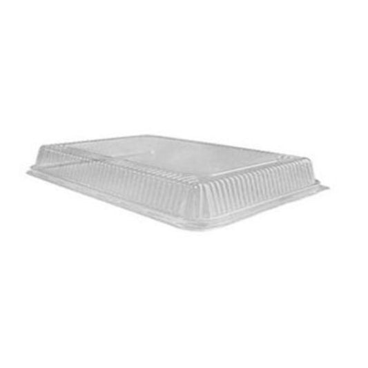 Clear plastic dome lid for a quarter sheet foil pan on a white background.
