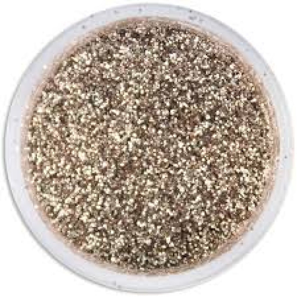 Top-down view of a small clear round container filled with platinum-silver glitter dust, showing dense reflective sparkle across the surface.