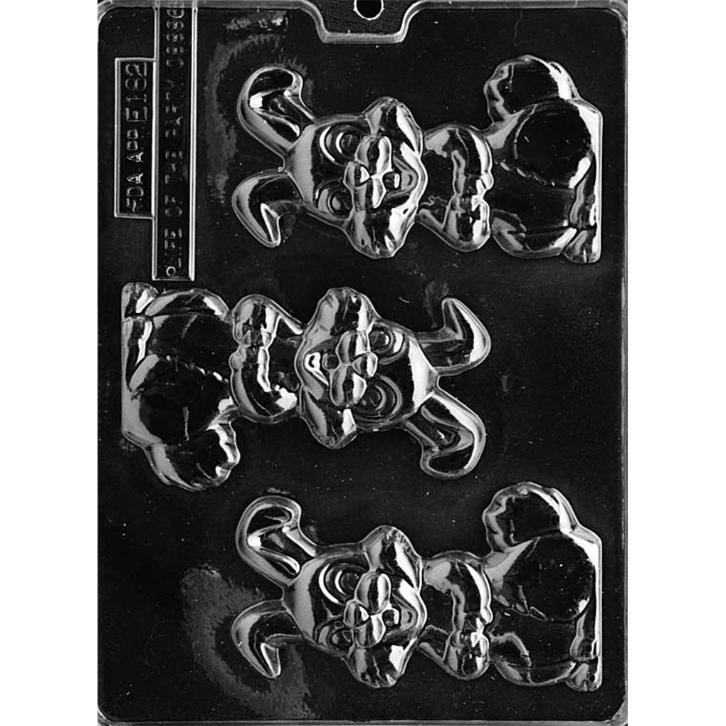 Clear chocolate mold with three smiling cartoon bunny cavities, each showing an upright rabbit with long curved ears, a bow at the neck, and rounded feet on a dark background.