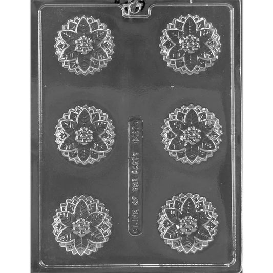 Poinsettia chocolate covered Oreo mold with six round cavities featuring detailed poinsettia flower design