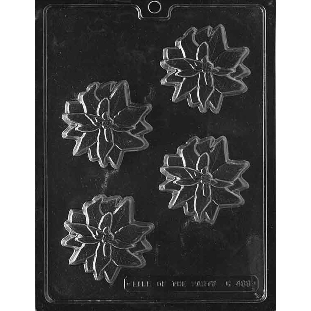 Clear plastic poinsettia chocolate mold with four flower-shaped cavities, photographed on a dark background.