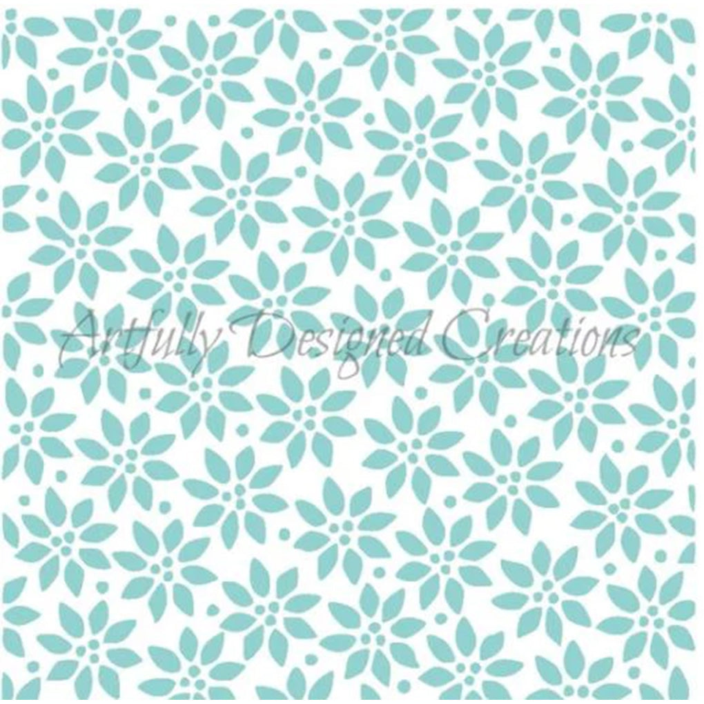 Teal poinsettia stencil pattern with repeating flower shapes and small dot accents on a white background.