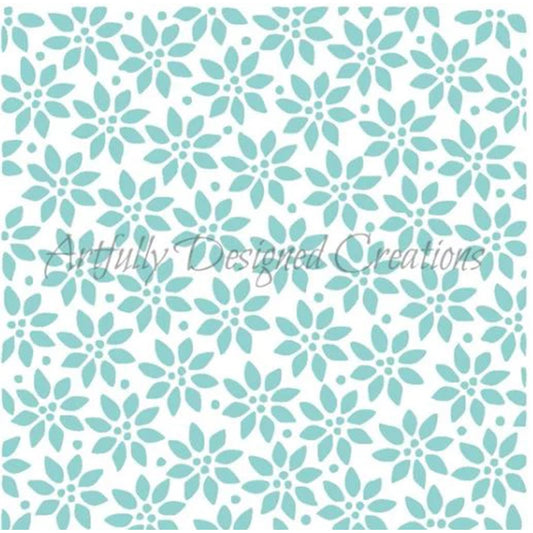 Teal poinsettia stencil pattern with repeating flower shapes and small dot accents on a white background.