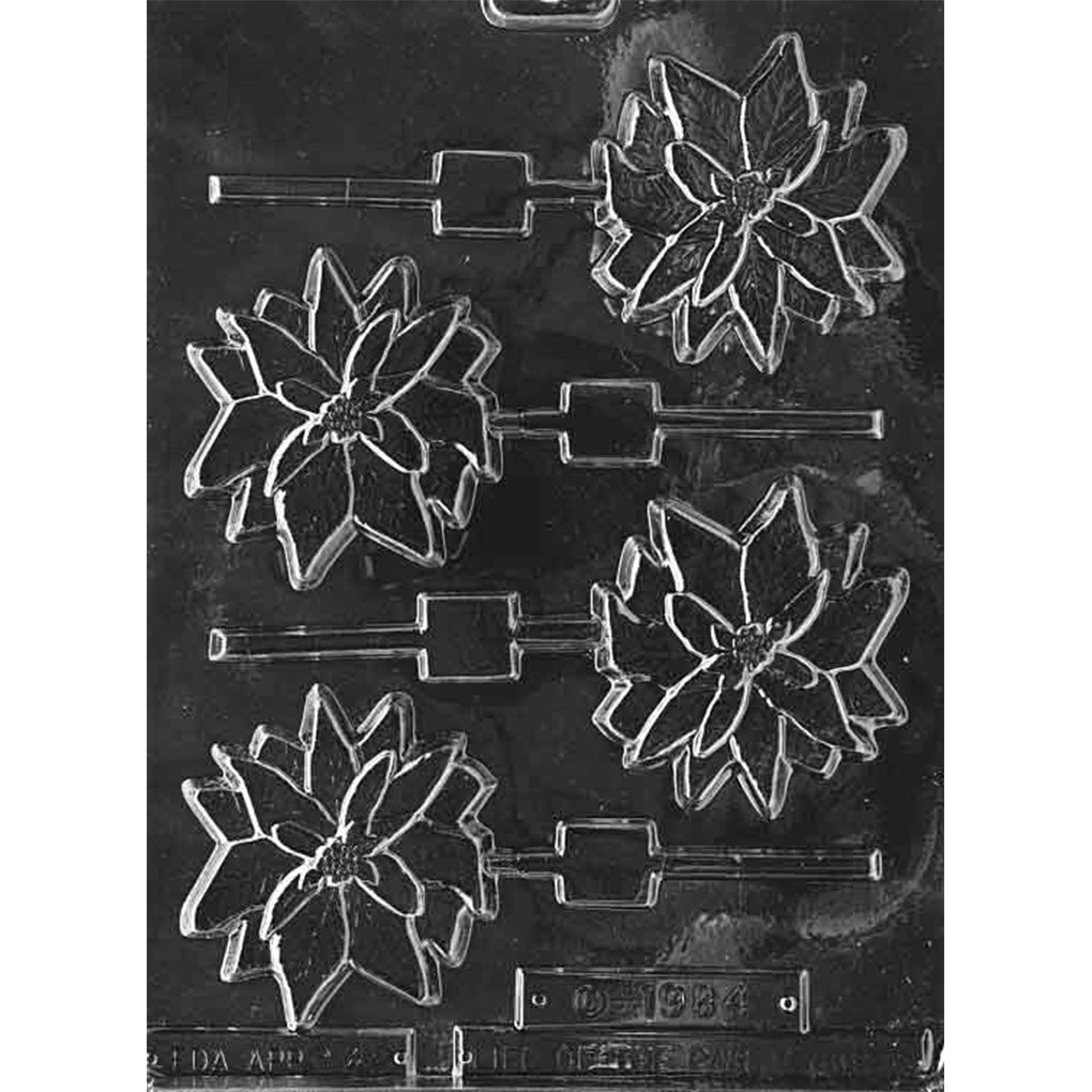 Four-cavity poinsettia flower chocolate lollipop mold with layered veined petals and stick channels, each approximately 2 3/4 inches across