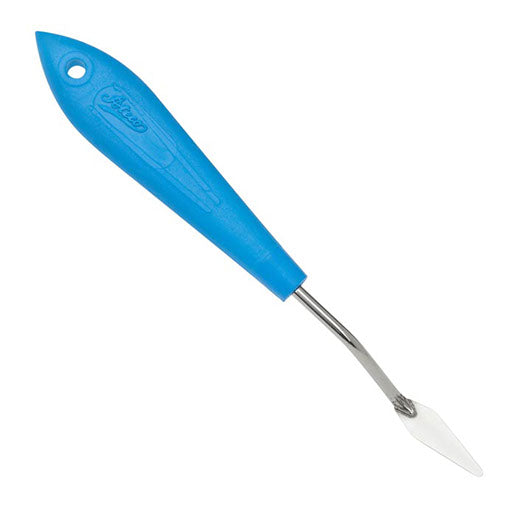 Pointed offset spatula with blue textured handle and 1.4-inch stainless steel blade, designed for precision decorating.