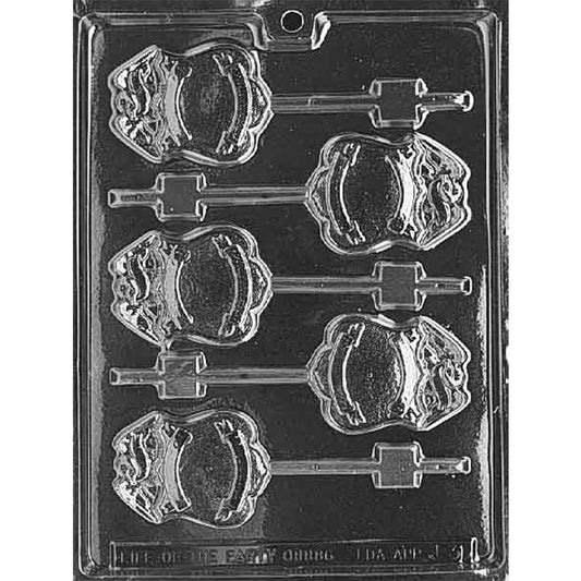 Police badge chocolate lollipop mold with five shield-shaped cavities featuring ornamental crests, raised borders, open centers, and stick channels