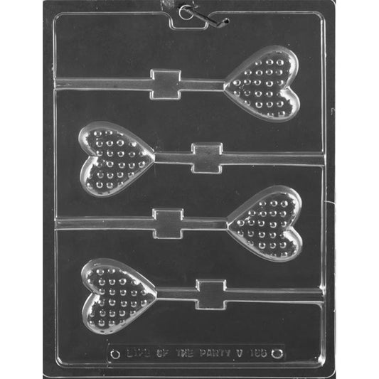 Polka dot heart chocolate lollipop mold with four 2 x 2 x 1/2-inch heart cavities, raised dot details, and built-in stick channels