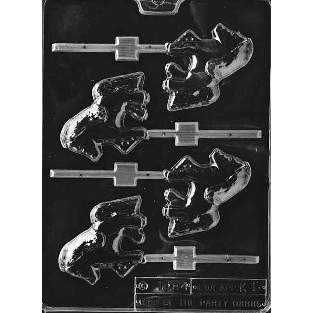 Pony chocolate lollipop mold with four full-body horse cavities featuring flowing manes, long tails, lifted front legs, and stick channels