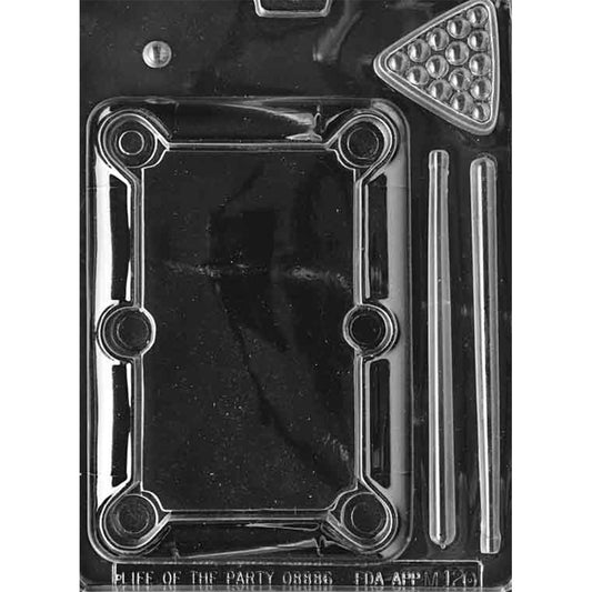 Clear Pool Table Set Chocolate Mold photographed against a black background with a large pool table cavity, two pool cues, a triangle rack of balls, and one loose pool ball.