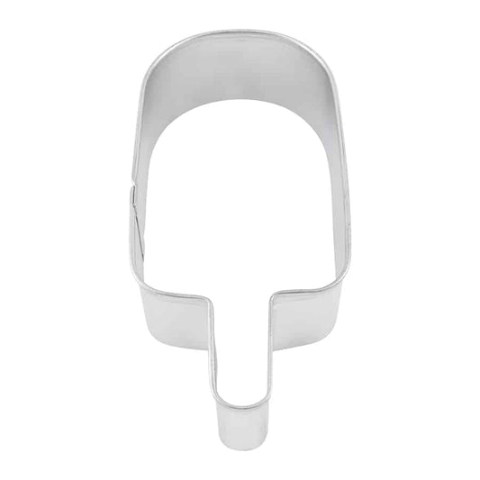 Silver popsicle-shaped cookie cutter with a rounded top and stick detail.