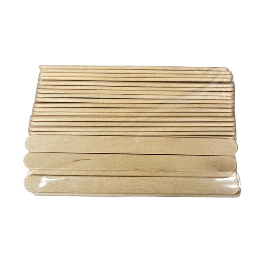 Stack of natural wood popsicle sticks, food-safe and perfect for candy making, frozen treats, or crafts, shown in clear plastic packaging.