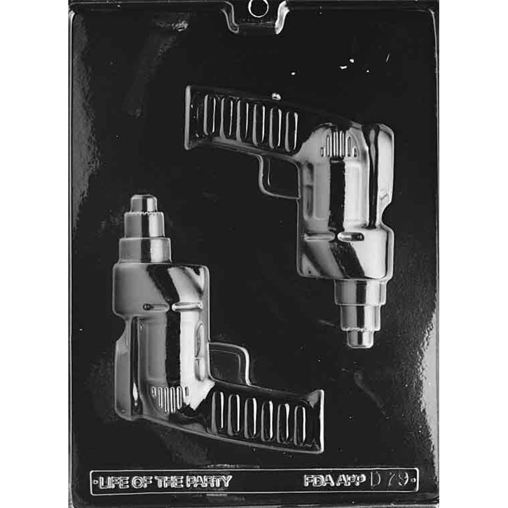clear plastic chocolate mold with two cavities shaped like power drills, shown with detailed handle and drill body sections on a white background.