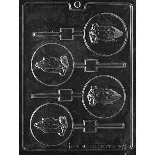 Clear plastic chocolate lollipop mold with round cavities featuring a praying hands design in the center of each pop.