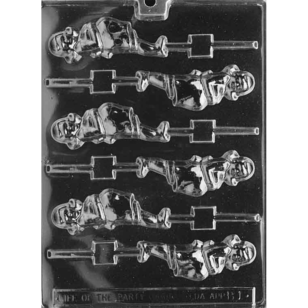 Clear plastic chocolate lollipop mold with six cavities shaped like a pregnant woman silhouette, each with a lollipop stick channel.