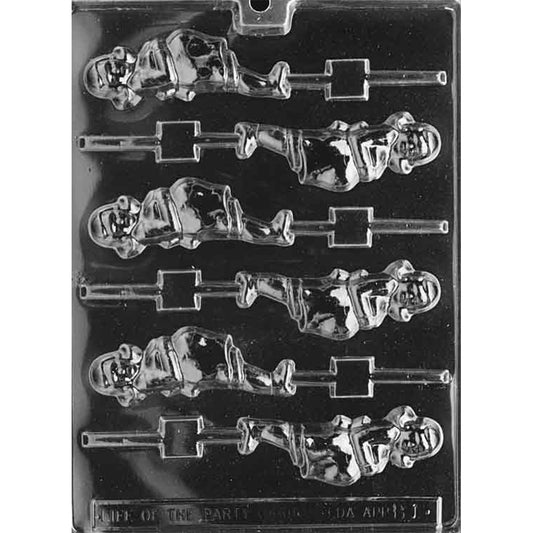 Clear plastic chocolate lollipop mold with six cavities shaped like a pregnant woman silhouette, each with a lollipop stick channel.
