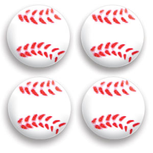 Pack of 6 pressed sugar baseball-shaped cake decorations, each measuring 1 1/4" in diameter.