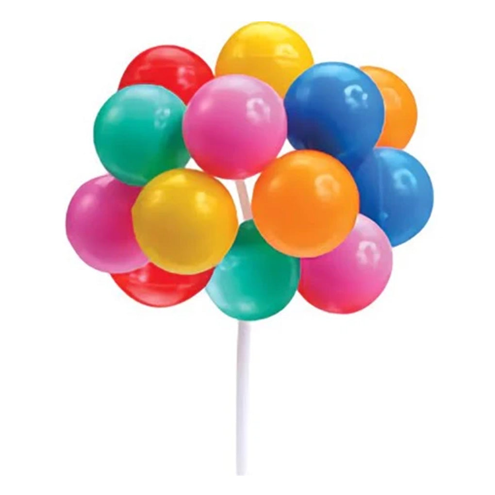 Colorful balloon cupcake pick with 12 glossy round balloons in red, yellow, blue, green, pink, and orange clustered on a white stem.