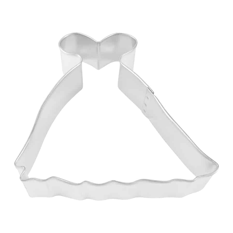 Tinplated steel princess gown cookie cutter, measuring 4 inches tall with a flared skirt and heart-shaped top.