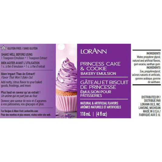 LorAnn Princess Cake & Cookie Emulsion label with purple cupcake, 4 fl oz, gluten-free with nutty citrus flavor.
