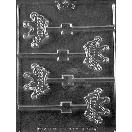 Clear chocolate lollipop mold with four crown-shaped cavities embossed with the word princess.