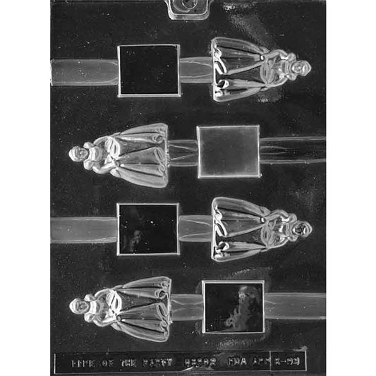 Four-cavity princess pretzel rod chocolate mold with crowned figures in full gowns and alternating channels for pretzel rods.