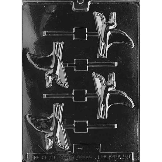 Clear plastic chocolate lollipop mold with four pterodactyl-shaped cavities, showing a flying dinosaur with outstretched wings and a long beak, plus stick channels.