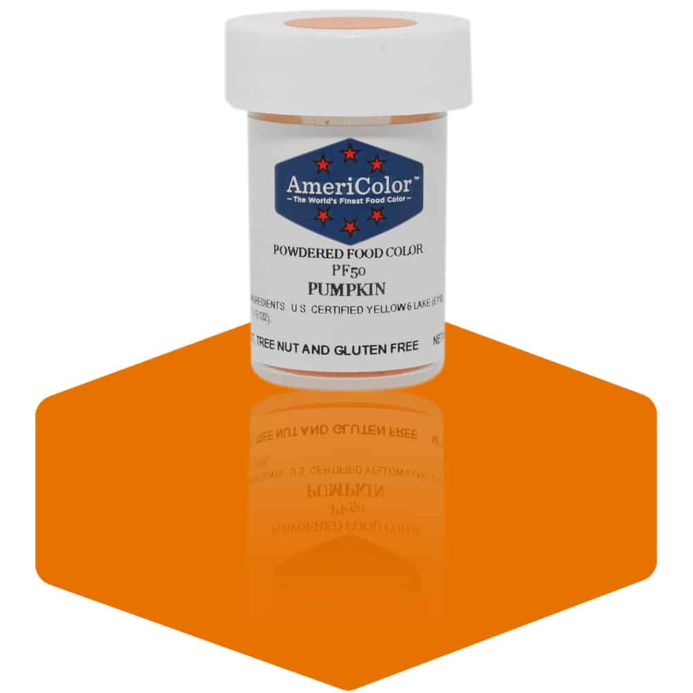 AmeriColor Pumpkin powdered food coloring 3 gram jar showing warm pumpkin orange powder for fall cakes.