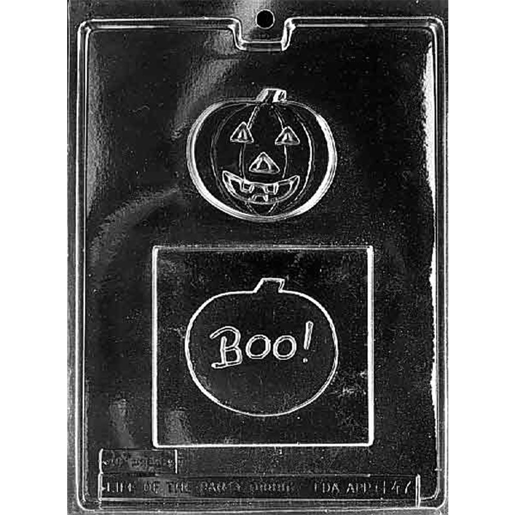 Clear plastic chocolate mold with two cavities: a jack-o’-lantern pumpkin piece and a square plaque base showing a pumpkin outline with the word “Boo!” in the center.