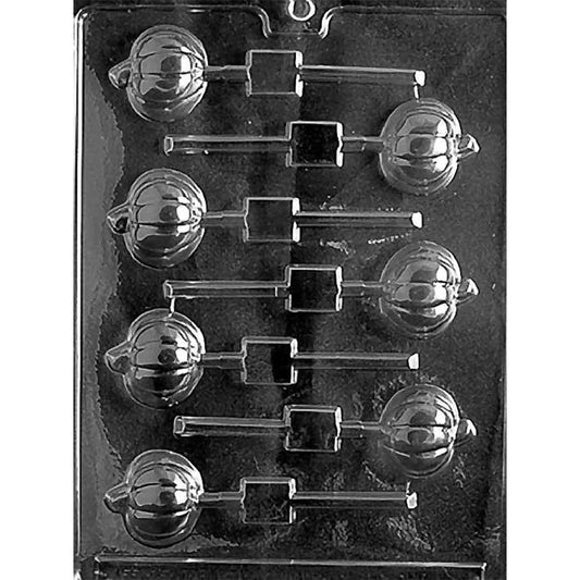Clear plastic chocolate lollipop mold with multiple round pumpkin cavities featuring raised stems and ribbed ridge lines, each connected to a stick channel; shown on a dark background.